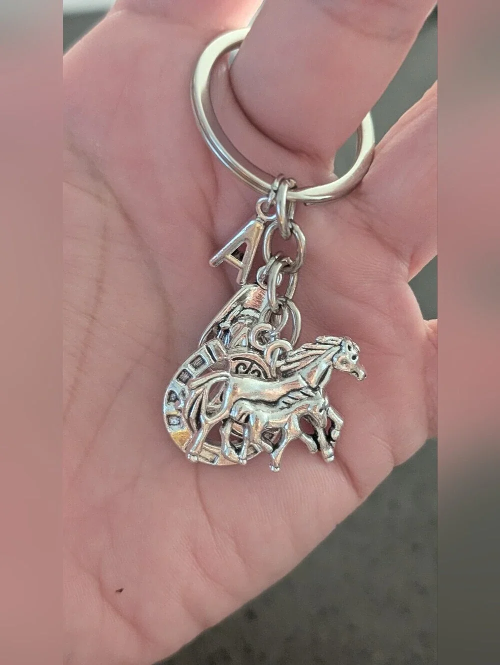 Silver Western Horse & Horseshoe Keychain with Initial 